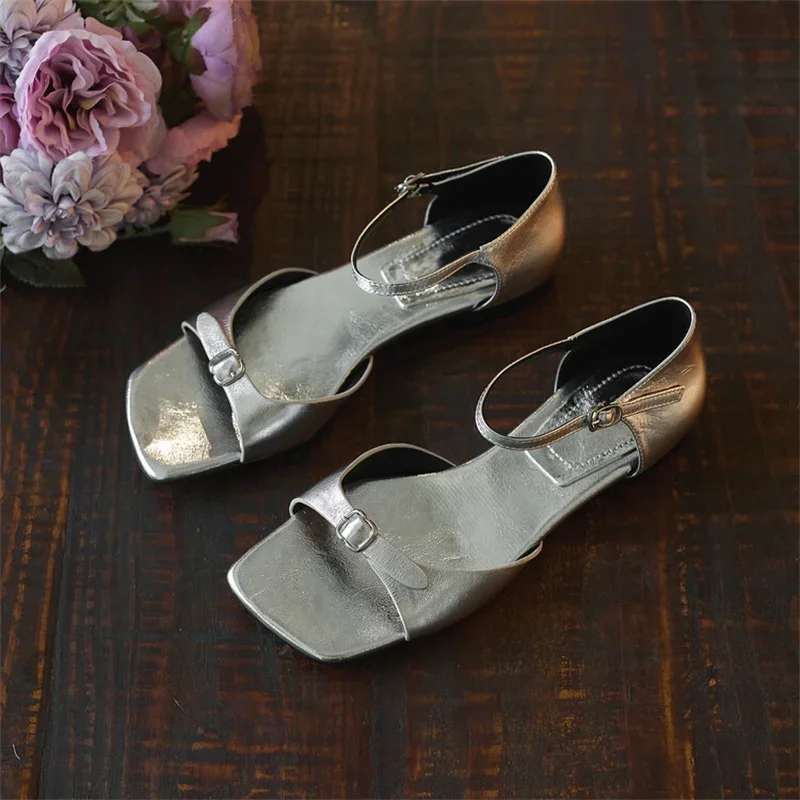 Buckle Strap Sandals Low Cover Genuine Leather Heel Open Toe Shoes Summer New Women Retro Flat Burgundy Silver Black Sandalias