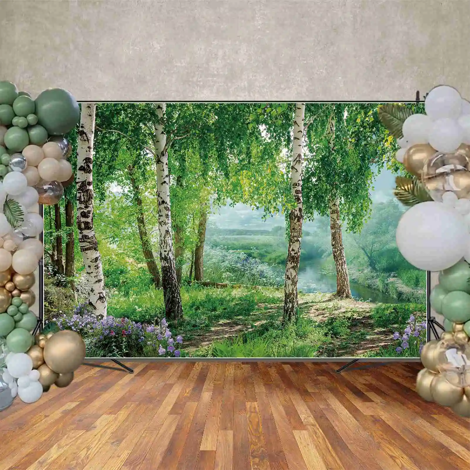 MOON.QG Green Spring Tree River Backdrop Natural Flower Grass Landscape Photo Studio Background Holiday Decor Photography Props