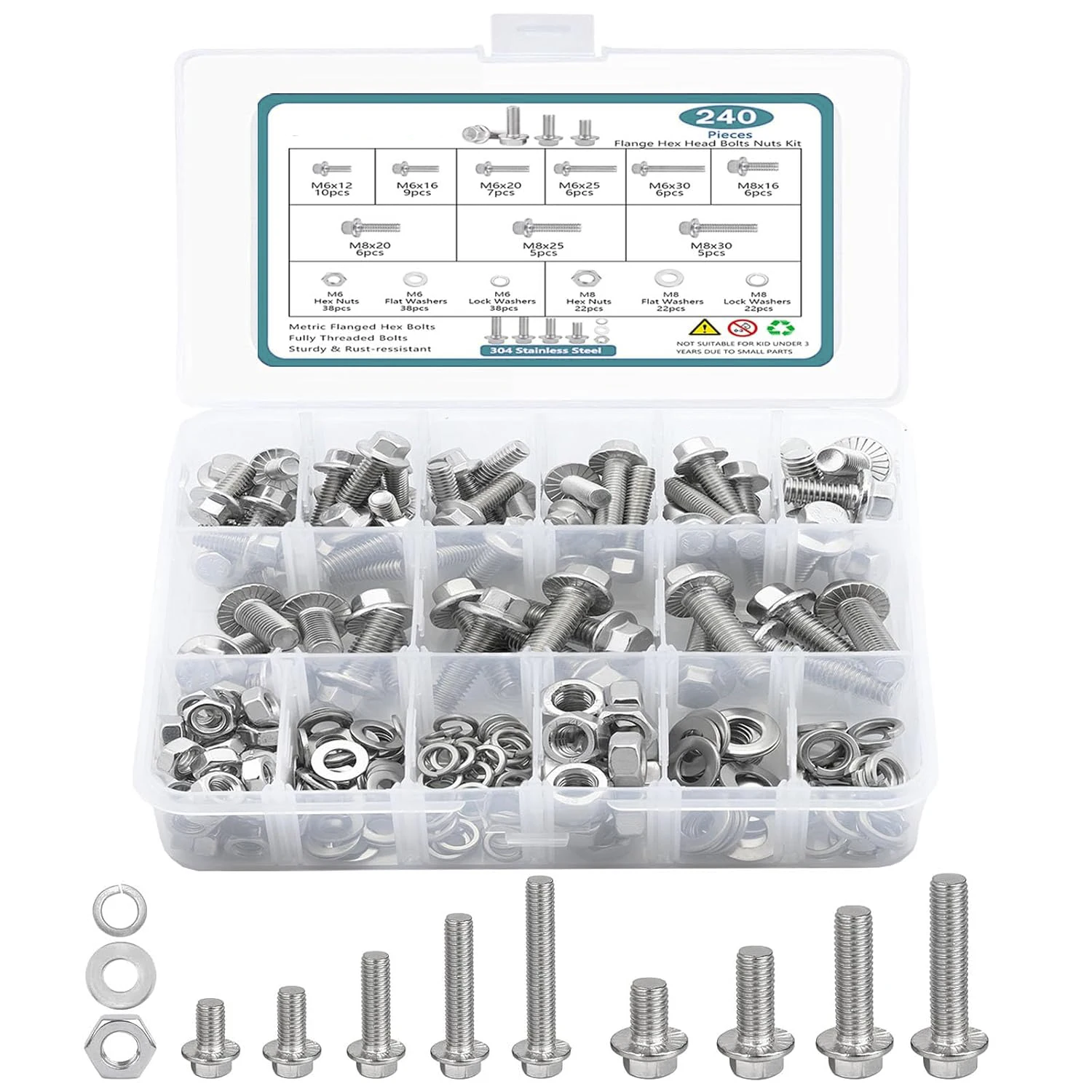 

240 sets of M6M8 flange hex head bolts, nuts and washers, 304 stainless steel metric flange hex screws, full thread