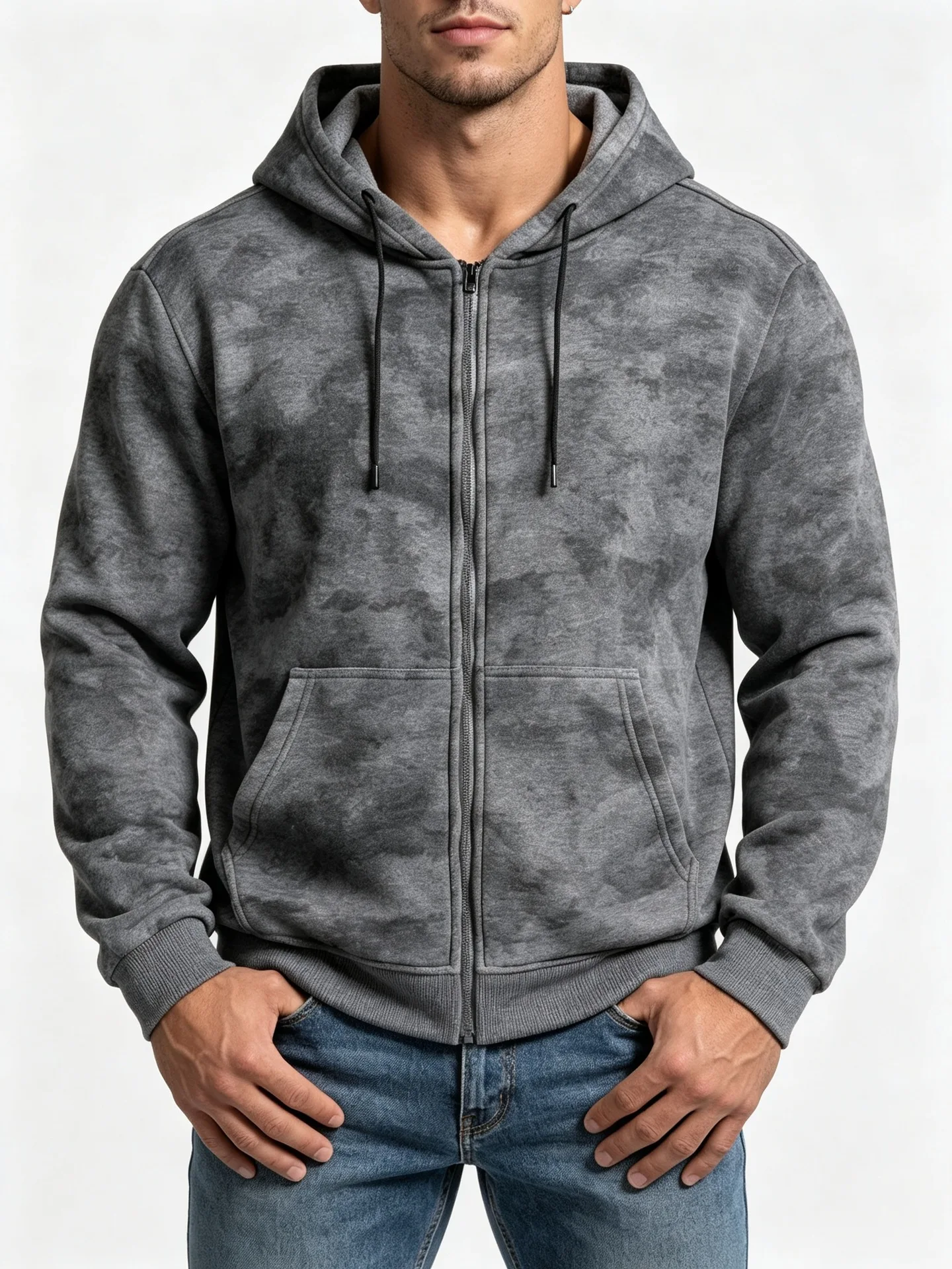 Men Tie Dye Zip Up Hoodie Heavyweight Full Zip Hooded Sweatshirt European High Street Loose Streetwear Autumn Casual Outerwear J