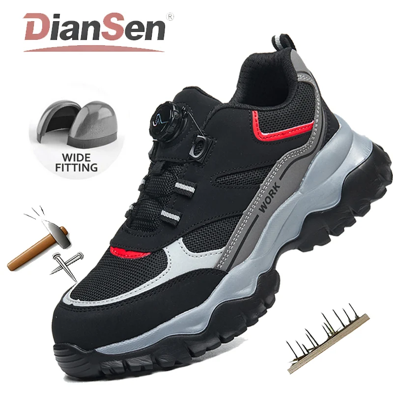 נעלי עבודה לגברים עם קצה פלדה, מגפי בטיחות, נעלי אנטי-שבירה לגברים, שחורות, קלות, נושמות, סניקרס עם כפתור סיבובי