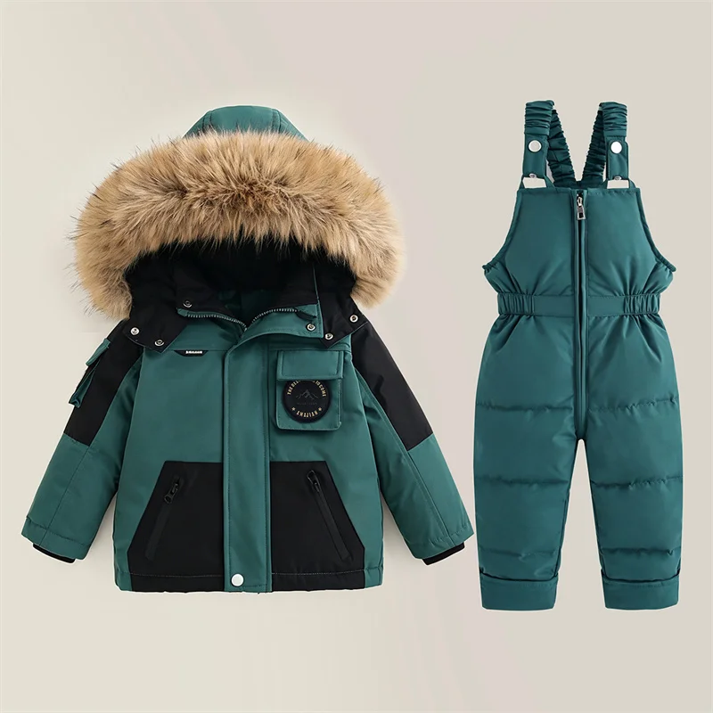 Children Winter Warm Down Coats Suits Kids Outdoor Windproof Thick Plush Hooded Coats Trousers 2Pcs Boys Girls Daily Thermal Set
