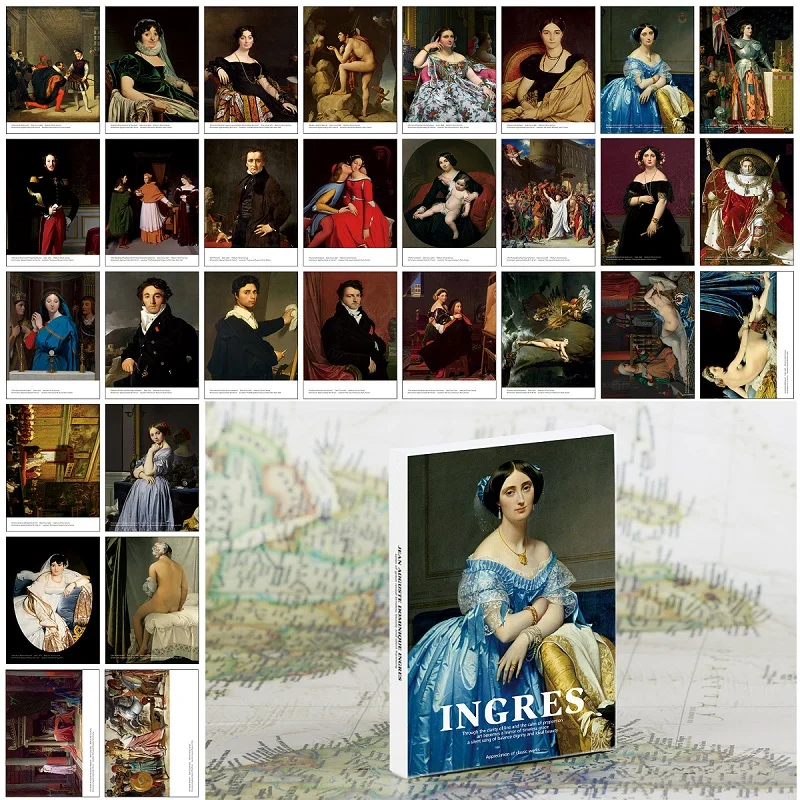 

30PCS French Painter Ingres Art Postcard Set - Classic Oil Painting Prints Vintage Style Cards for Home Decor