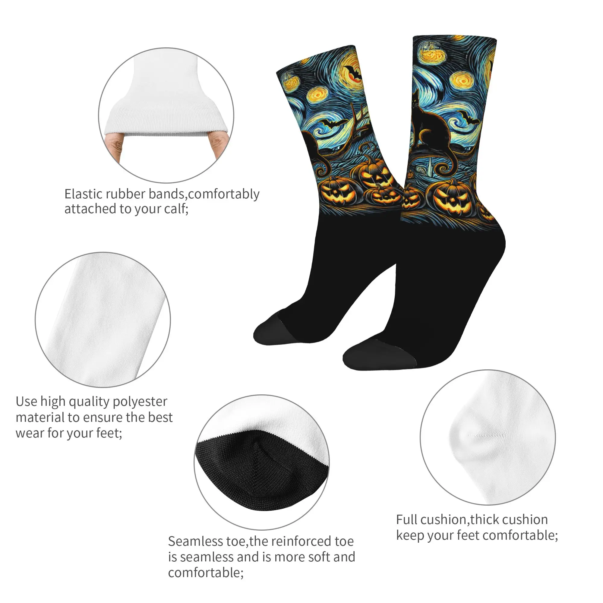 Winter Warm Funny Unisex Halloween Van Gogh Starry Night Socks Pumpkin Black Cat Breathable Crew Socks