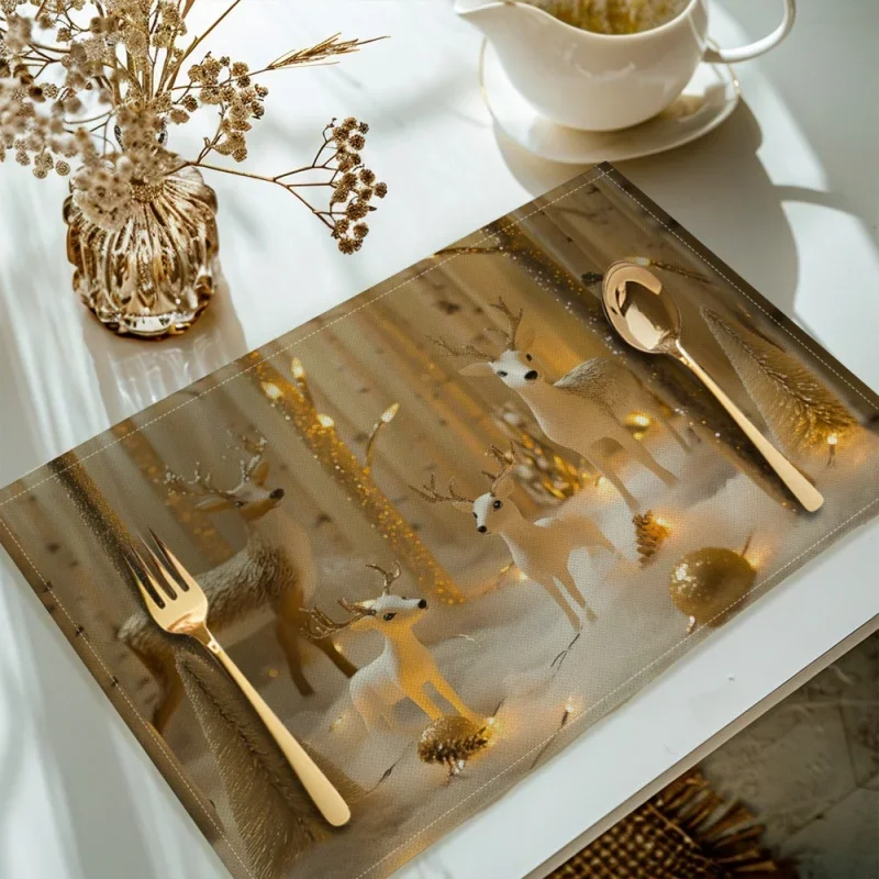 Golden Forest Reindeer Placemats, Warm Light Printed Linen Table Mats, Xmas Winter Table Home Decor
