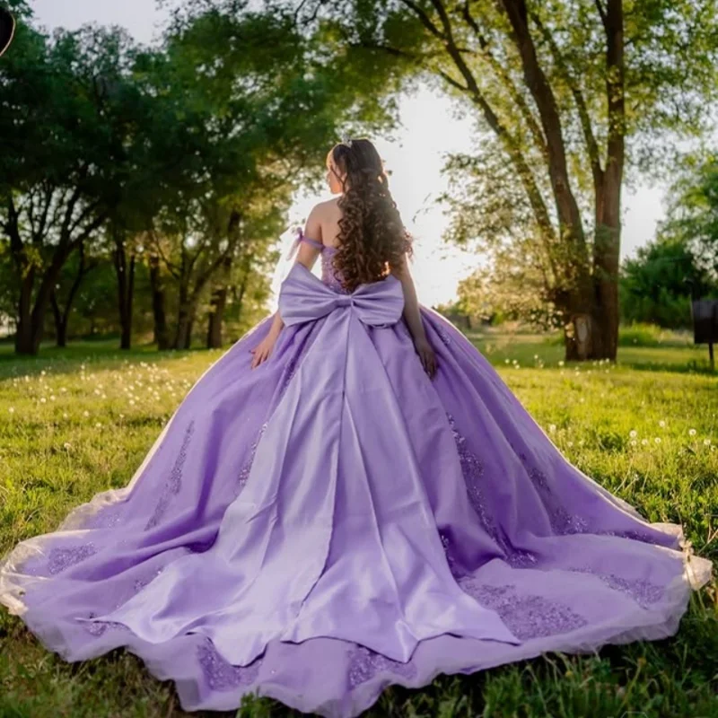 فساتين Quinceanera أرجوانية لامعة مخصصة قبالة الكتف مزين بالترتر كريستال طويل الذيل القوس فيستدو 15 Quinceanera #2