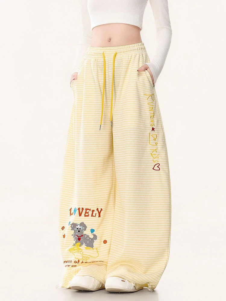 Cute Cartoon Striped Pants Women Loose Letter Preppy Style Kawaii Trousers Fall Winter Vintage Lady Lace Up Casual Pockets Pant