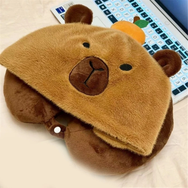 A0NF Lovely Plush Pillow with Hat Delightful Cartoon Animal Stuffed Neck Cushion Perfect for Adults and Children Traveling