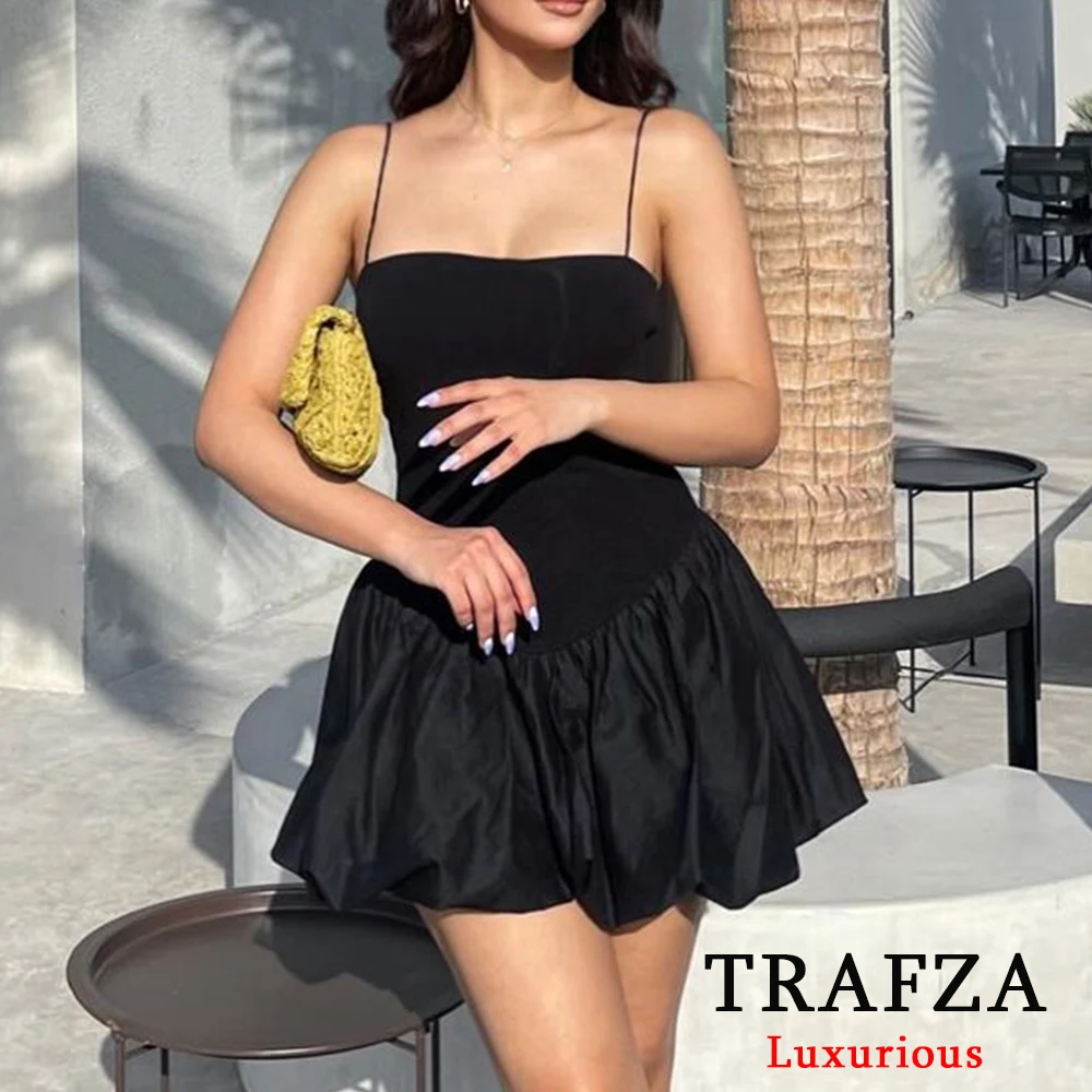 TRAFZA Sexy Black Ruffles Mini Dress Women Knitted Patchwork Beach Bubble Dress Fashion 2024 Summer Elegant Mujer Vestidos