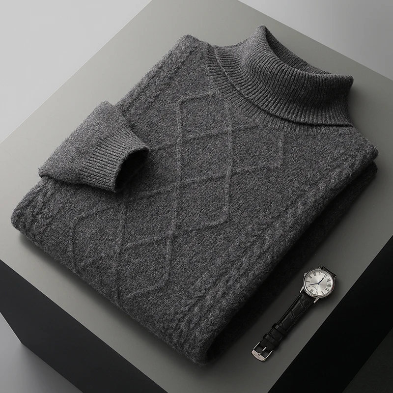 ข้าวสาลีฤดูใบไม้ร่วง/ฤดูหนาวใหม่ 100% Merino ขนสัตว์เสื้อกันหนาวผู้ชาย lapel pullover อบอุ่นด้านล่างถักเสื้อด้านบน