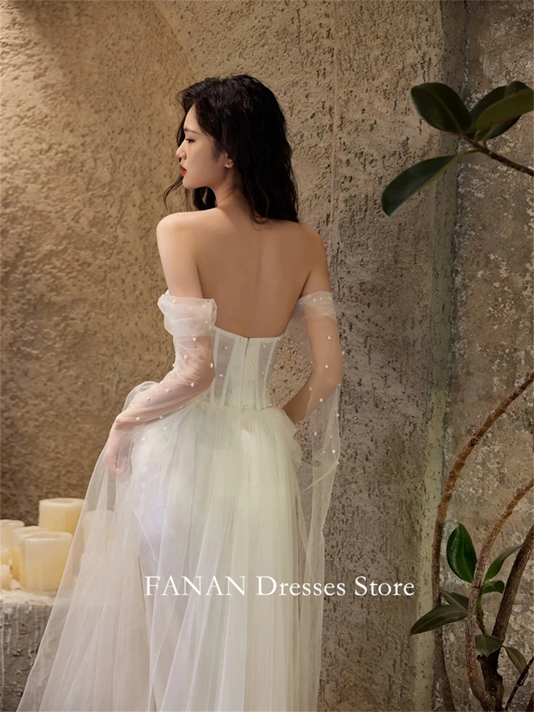 FANAN Korea Off Shoulder Wedding Dresses 웨딩드레스  Travel Photography Classic Custom Made Pearls Tulle Bride Gowns Plus Size