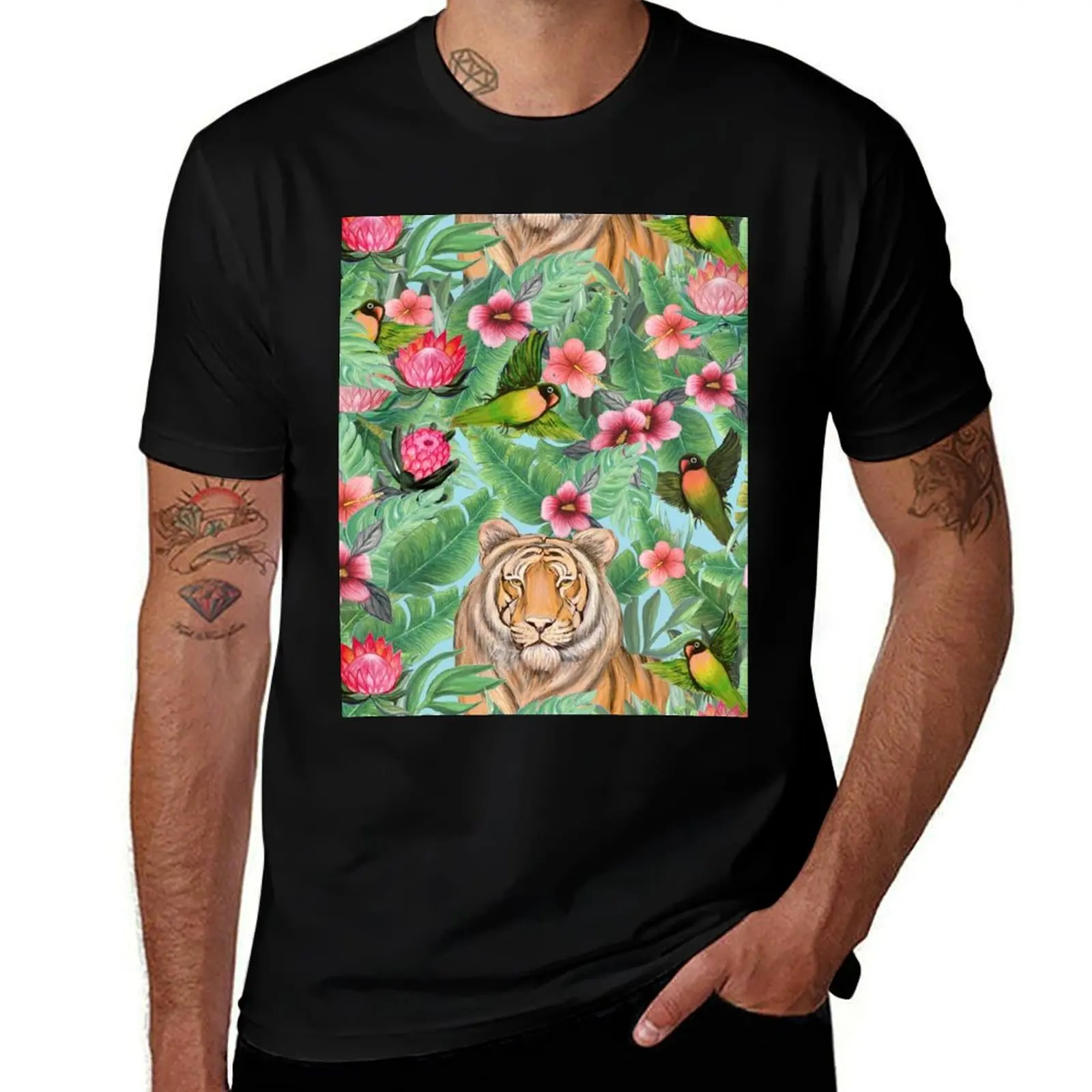 

Tiger Jungle Tropical Flowers and palms with tiger hiding T-Shirt tees boys whites plain white t shirts men