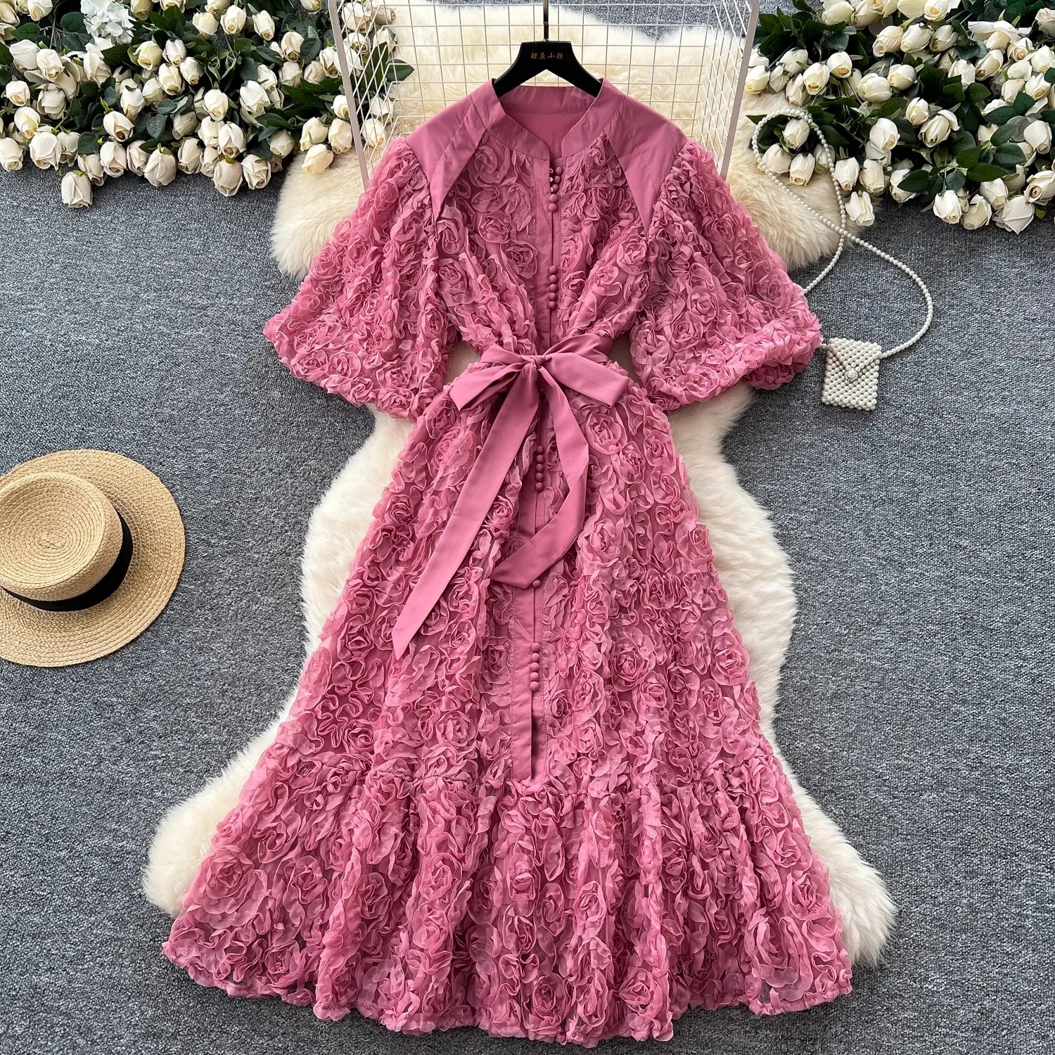 Luxury 3D Flower Formal Evening Dress Women Summer Single Breasted Loose Oversize Belt Lace Up Long Dresses Female Party Vestido