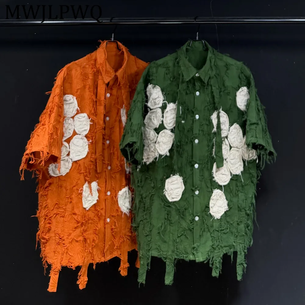 

MWJLPWQ Trendy 2026 New Summer Ripped Fringed Design Shirt Male Lapel Spliced Short-Sleeve Loose Fit Unisex Casual Tops 15359