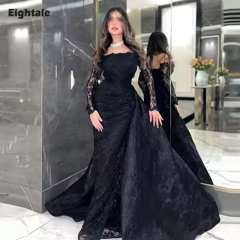 Eightale Arabic Evening Dress Customized Lace Long Sleeves Mermaid Black Prom Wedding Party Gowns Abendkleider Hochzeit