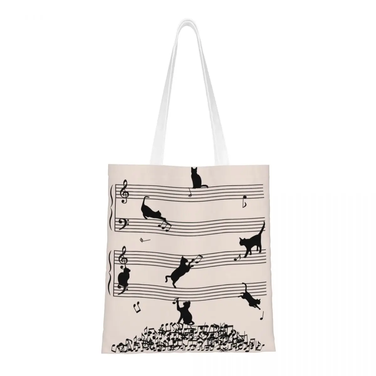 Cute Cat Kitty Playing Music Note Tote Bags Women Handbag Canvas Student Clef Musician Cats Shoulder Bag Printed Shopping Bag