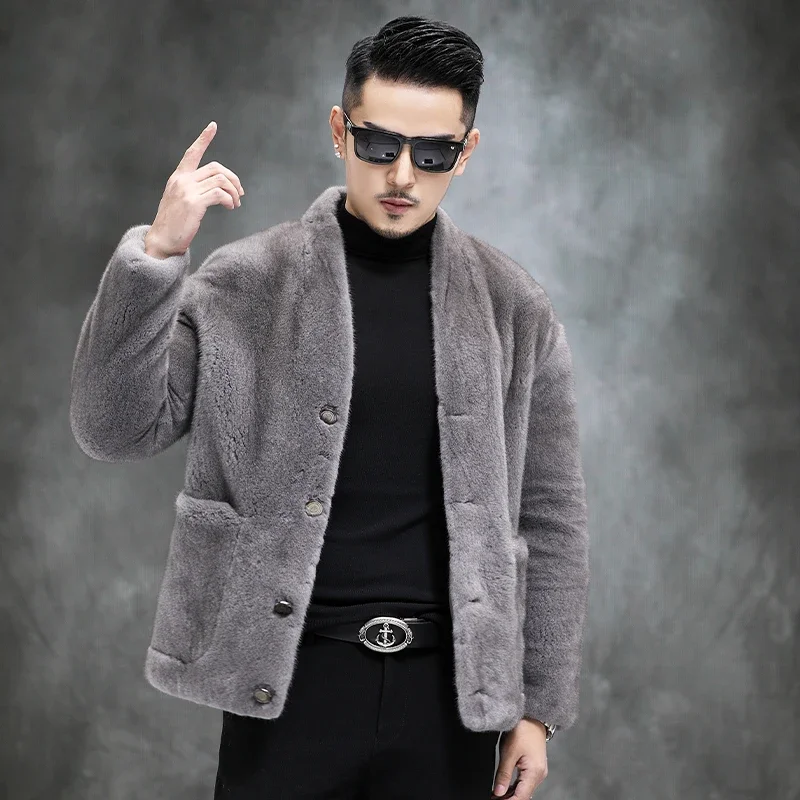 AYUNSUE Real Mink Fur Coats for Men Winter Jackets 2022 Warm Mens Fur Coat Fashion Vneck Pockets Mink Fur Jacket High-end SGG860