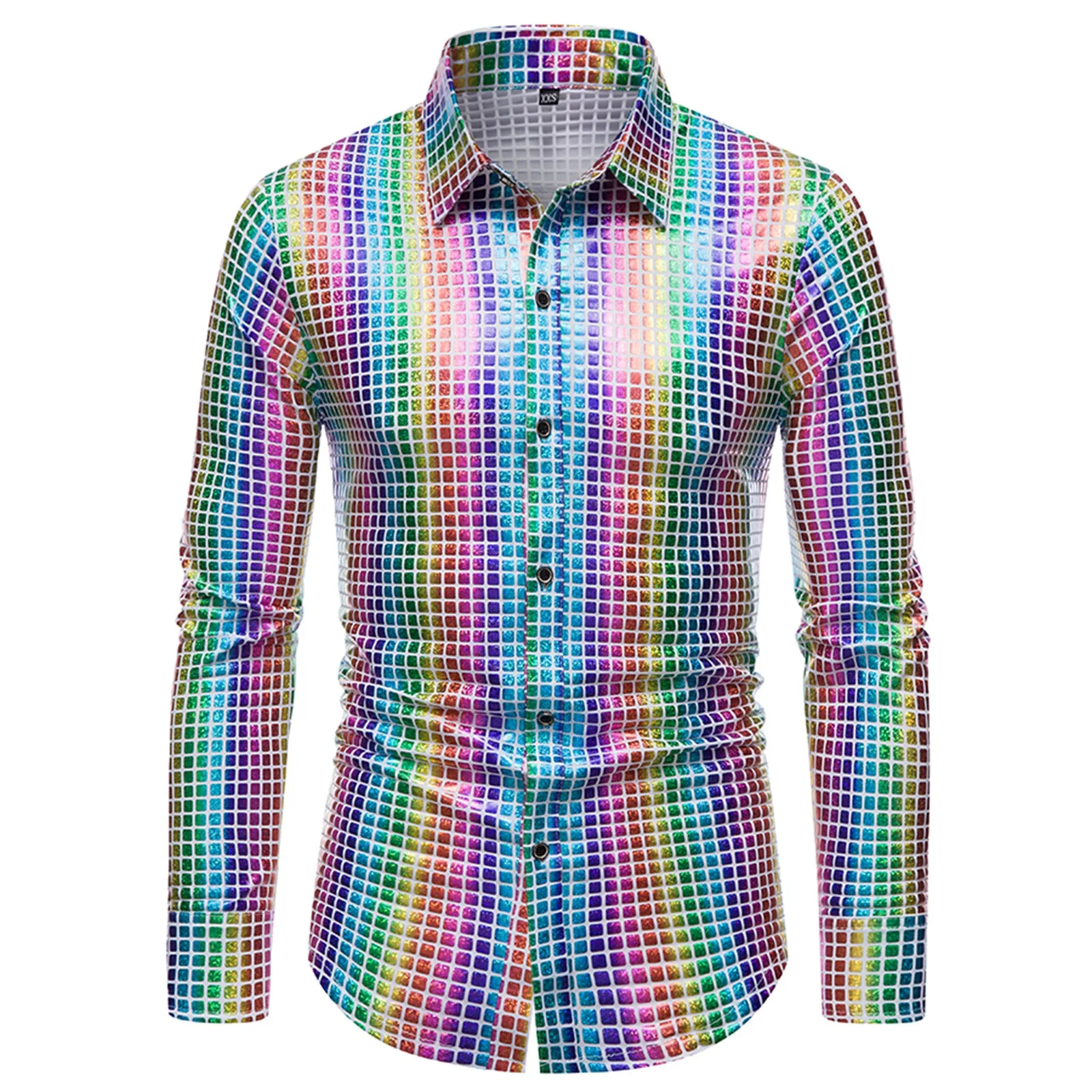 Mens laser Shirts Sequins shirt 70s Disco Party Tops Gold Silver Plaid Blouses Rainbow Print Long Sleeve lapel camisas de hombre