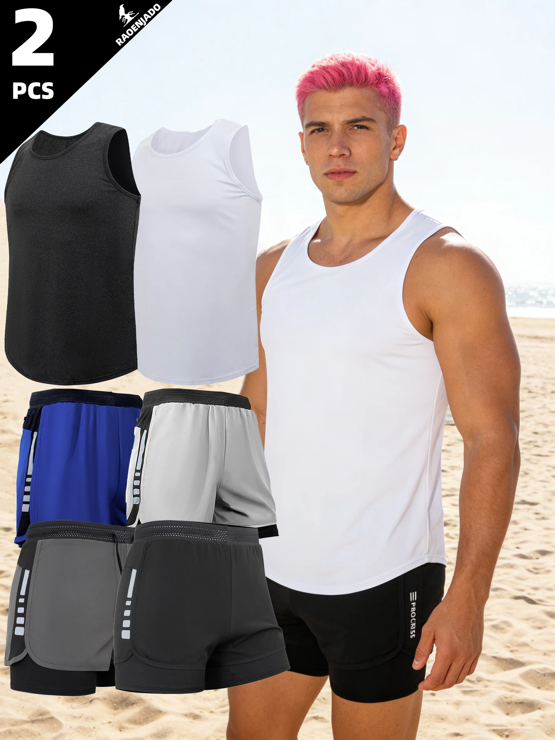 

Men's Athletic Two Piece Sets Summer Lightweight Breathable Tank Top and Elastic 2-in-1 Shorts Sweatsuit with Zipper Hip Pocket