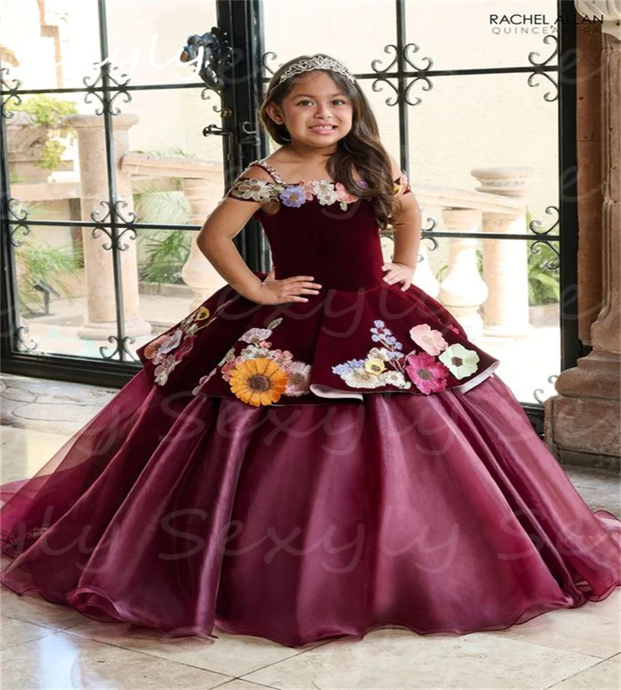 Customized Mexican Flower Girls Dresses Purple Black Mariachi Kids Vestidos Quinceanera Mexicanos De Gala Girls Pageant Party