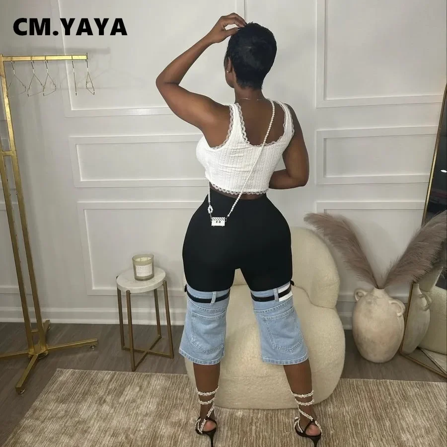 CM.YAYA Women Streetwear Ripped Jeans 2024 Summer Patchwork Chic INS High Waist Fly Calf-Length Knee Length Denim Pants