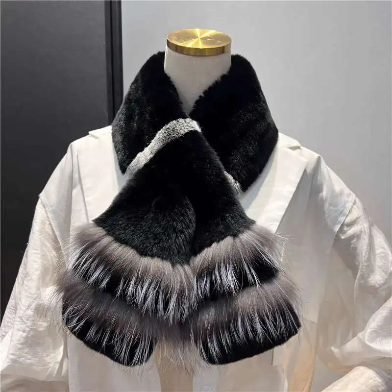 

Real Rex Rabbit Fur Scarf women Winter Warmth Thick Double-sided Fur Scarves with fox fur Natural Fur Mufflers Lady Fur Scarf