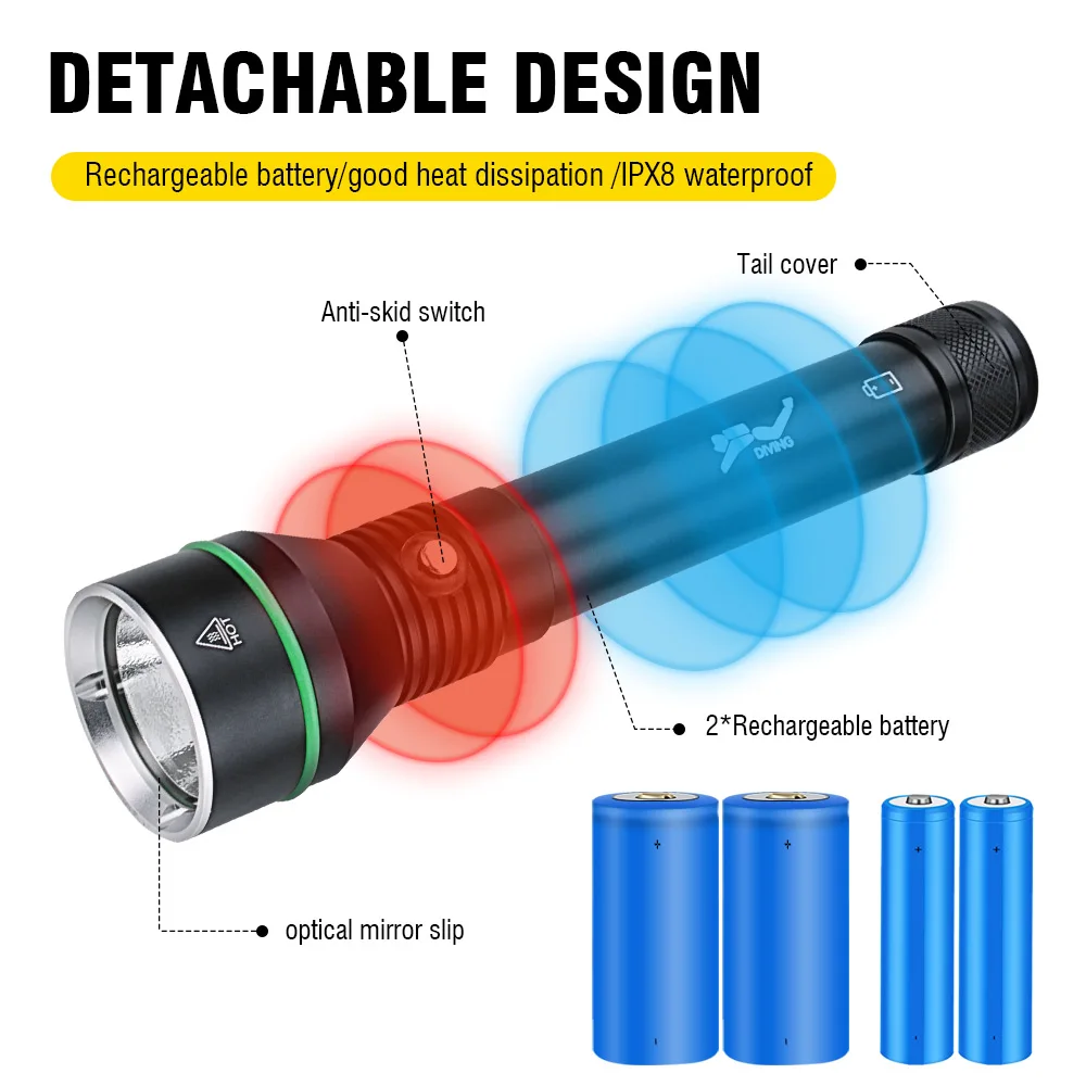 BORUiT Diving Flashlight IPX8 High Waterproof Professional Underwater Lamp Scuba Light 18650/26650 Battery With Hand Rope