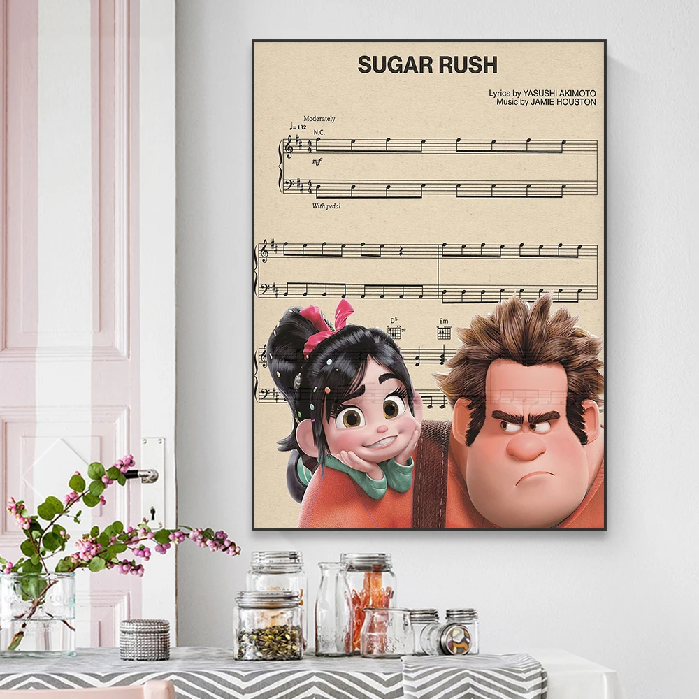 Wreck-It Ralph Disney Movie Poster Themed Music Sheet Art Prints Game Room Art Canvas Painting Nursey Room Home Wall Decoration