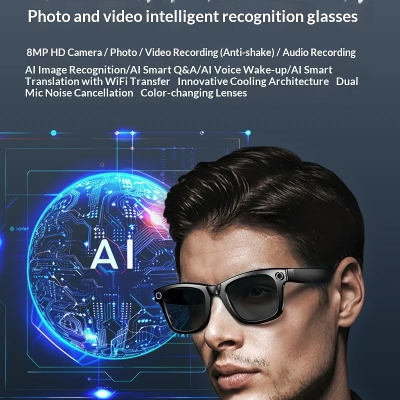 AI Intelligent Camera Glasses 8MP HD Anti-Blue Light WiFi Object Recognition Photo Taking Video Recording Portable Camera Eyewea