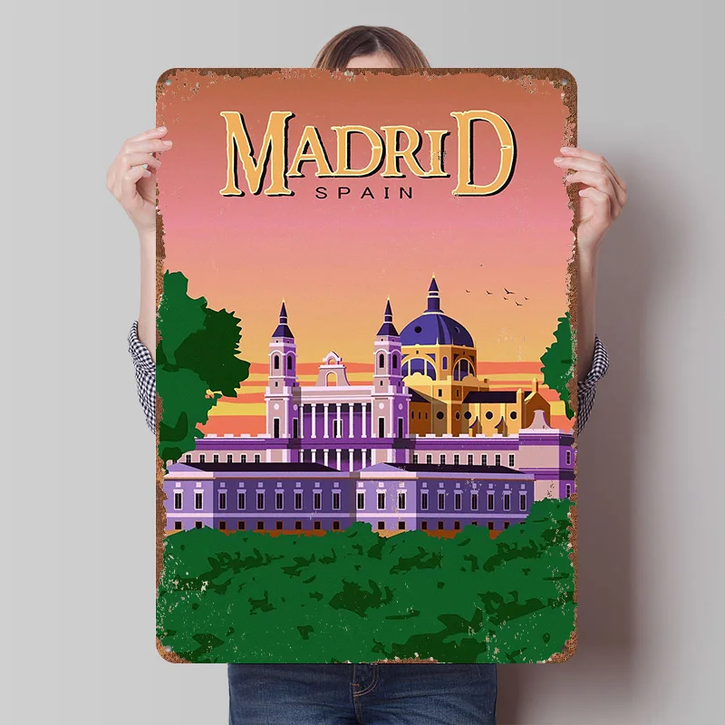 Madrid Spain Travel Poster Customized Vintage Metal Signs Wall Art Retro Tin Plaque for Interior Accessories Room Decoration