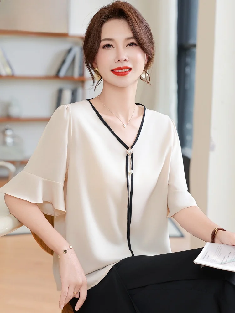 

Летний комплект Ele для женщин среднего возраста: свободный шифоновый топ с коротким рукавом и брюки, модный комплект с V-образным вырезом из полиэфирного волокна