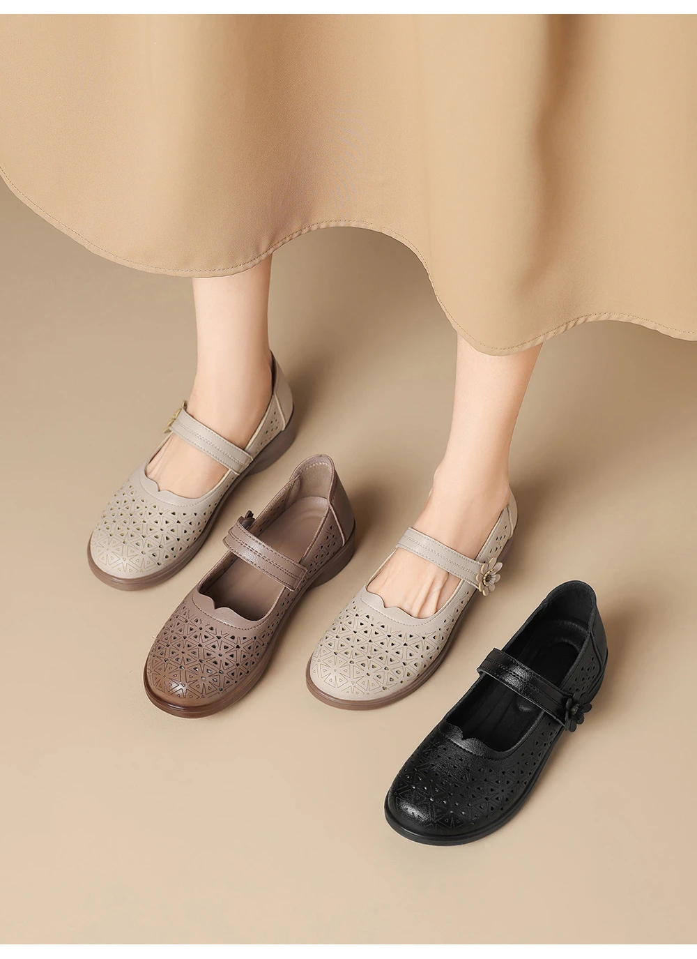Mary Jane Schuhe in Übergröße 42 für Damen, atmungsaktive Mokassins mit Ausschnitten, florale Einriemen-Slipper mit niedrigem Absatz für lässiges Gehen – Detail 18