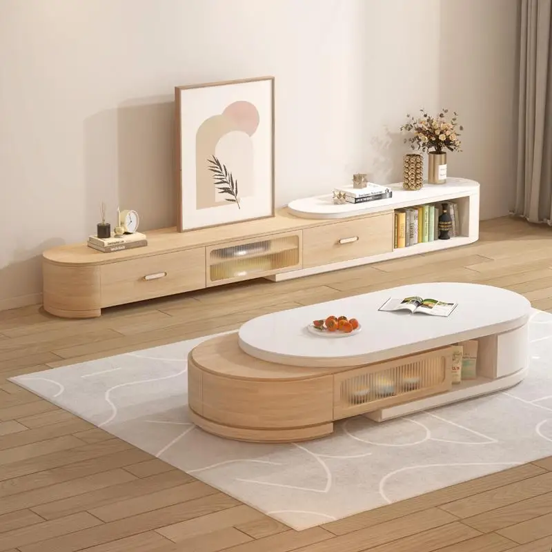 

2025 new log wind cream wind large apartment retractable coffee table rock slab multi-functional living room household furniture