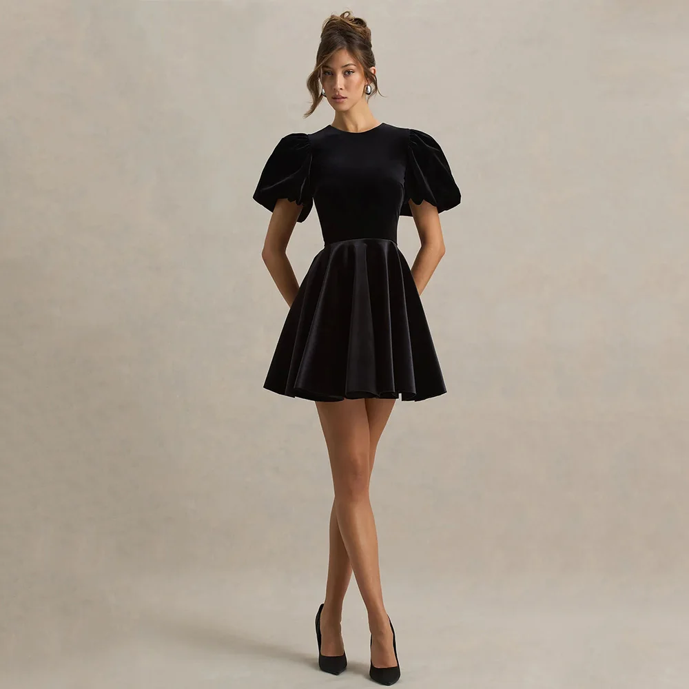 

DRESS FORU Classic Black Party Dress Taffeta for Knee-Length O-Neck Prom Party Ball Gown Puff Sleeve Robe De Soirée Customized