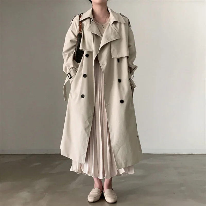 Spring Autumn Women Korean Mid-length Windbreaker With Belt Lapel Double-breasted Long Sleeve Trench Coat Casual Chaqueta Mujer