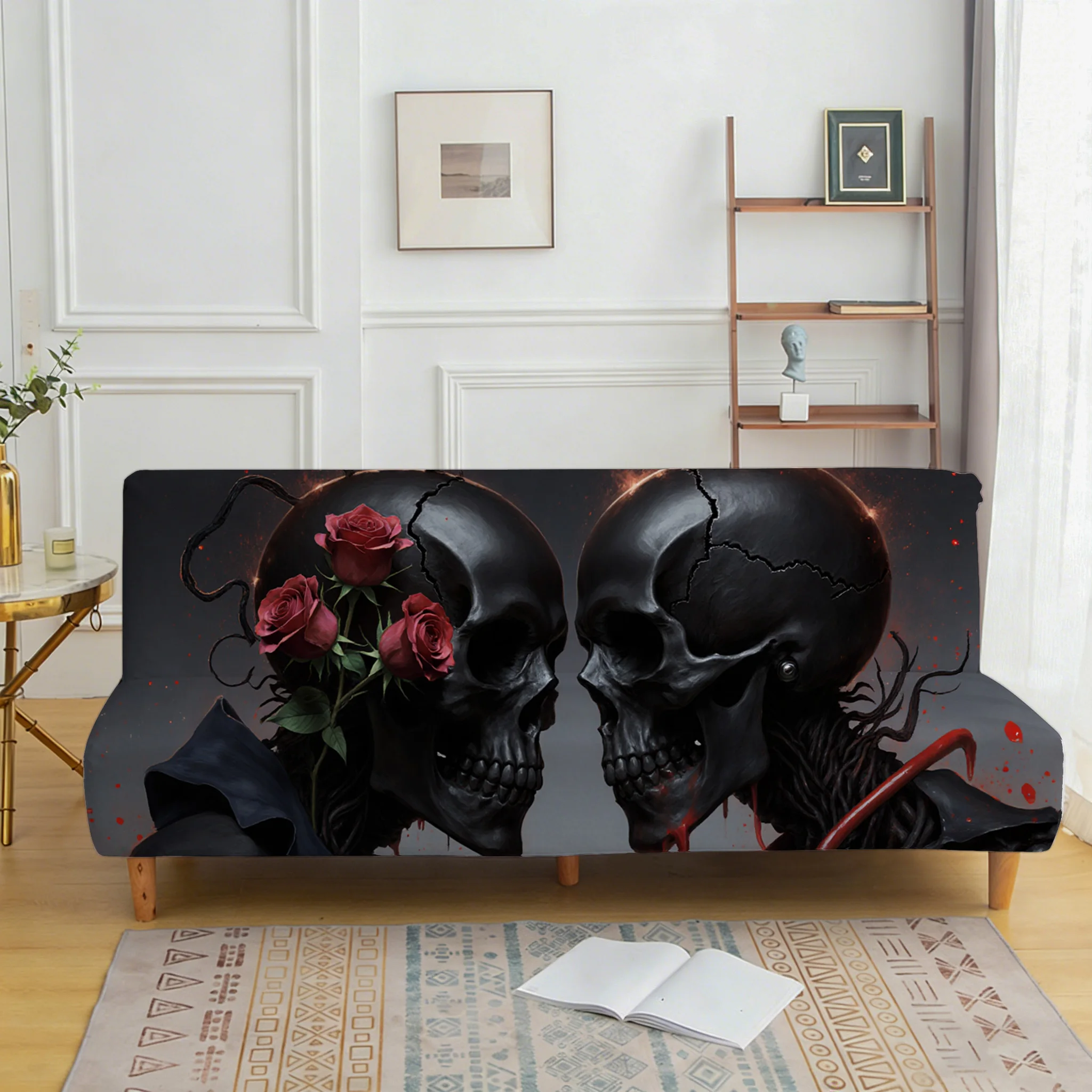

Gothic Skull Rose Stretch Sofa Bed Cover, Living Room Sofa Bed Cover, Dustproof Machine Washable Sofa Bed Cover