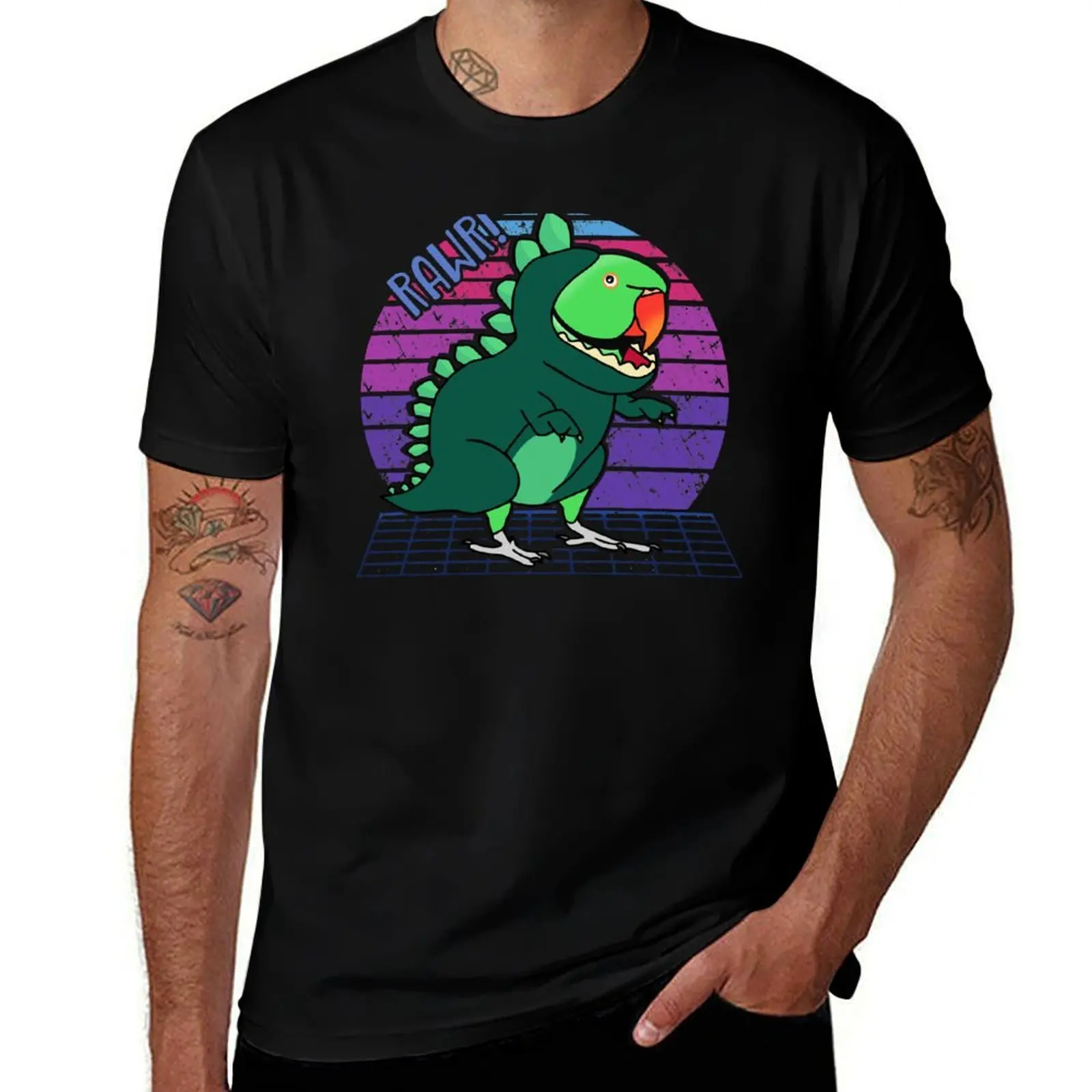 

Aesthetic Vaporwave Green Indian Ringneck Dinosaur Doodle T-Shirt t shirt custom print t shirts for man cotton soft T-shirt