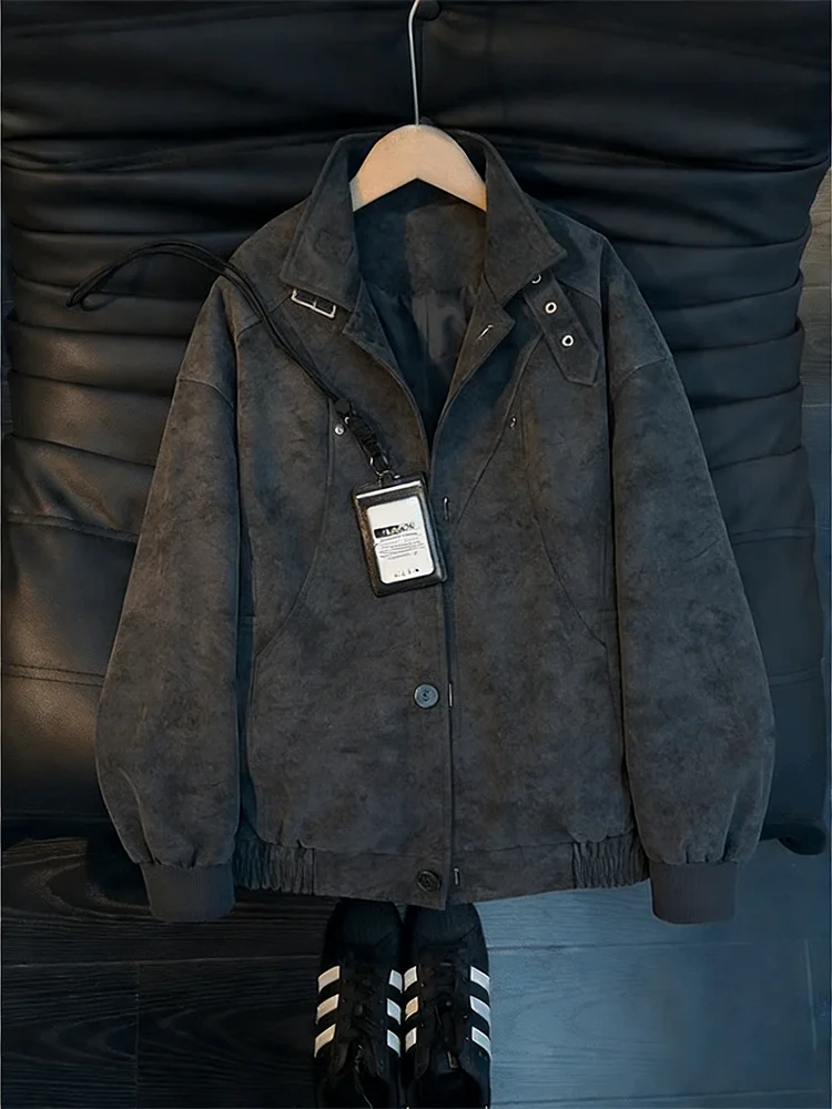 

Мужская кожаная куртка American Dyed Leather, весенне-осенняя, с высокой талией, свободного кроя, в байкерском стиле, с карманами