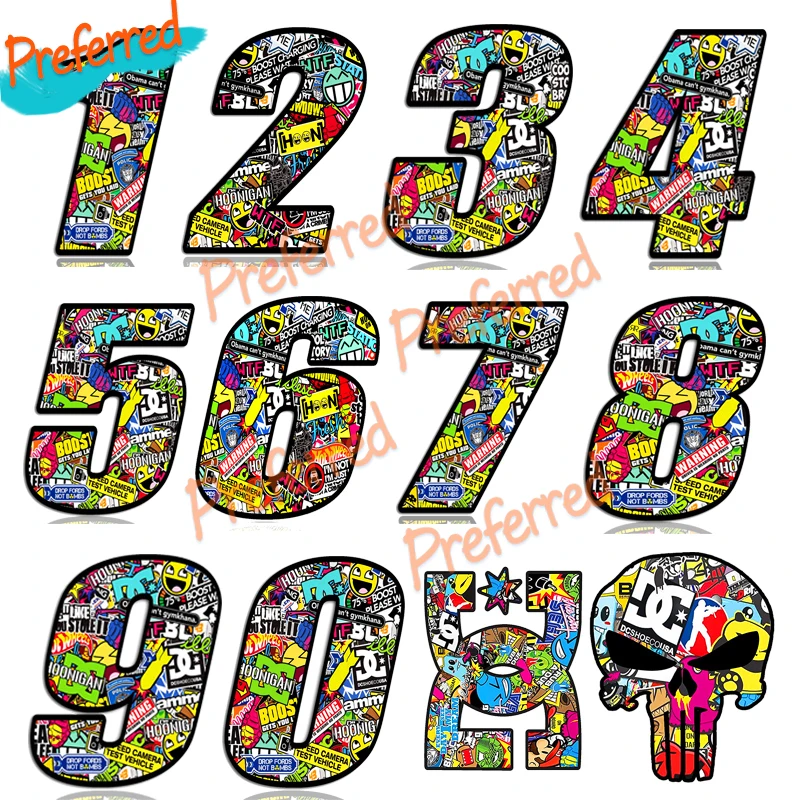 

Sticker Bomb Number 1-10 with Skull, Waterproof Racing Vinyl Decals for Car, Motorcycle, Bike