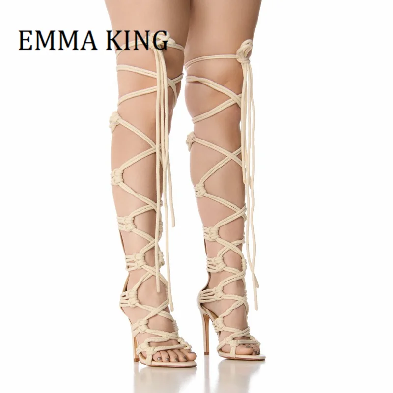 

Summer Women Cross Rope Strappy Gladiator Sandals Sexy Peep Toe Stiletto Lace Up Knotted Rope Sandals Femlae Wedding Dress Shoes