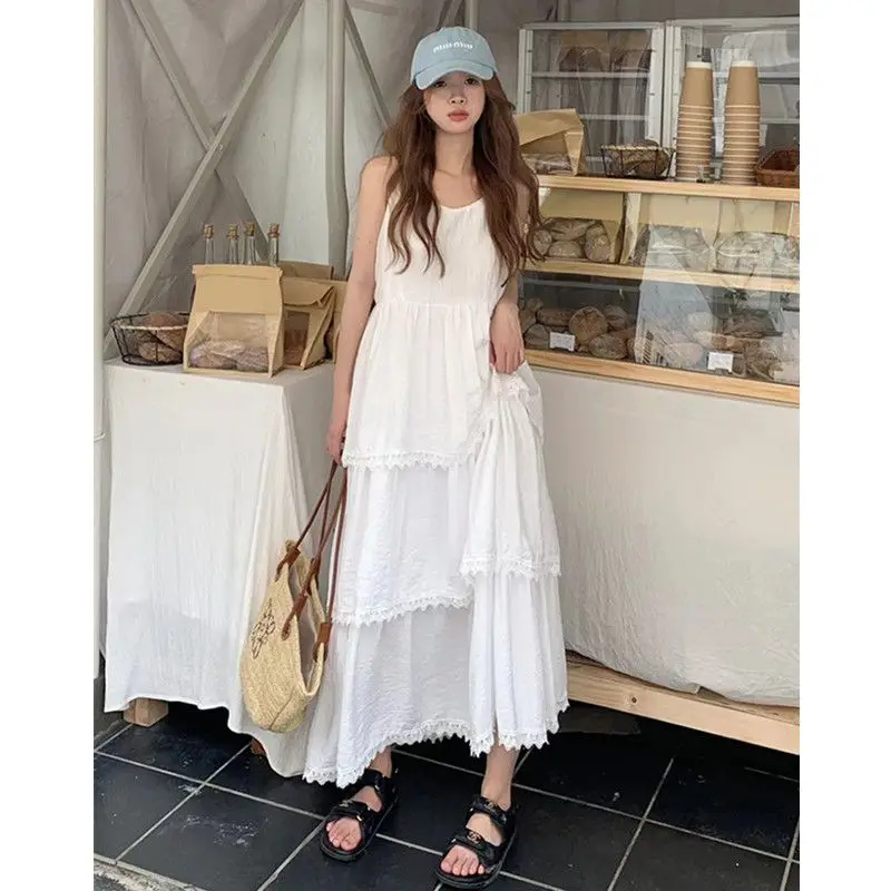 Korean Ins Fashion Two-piece Set Women Short-sleeved Loose Denim Crop Top Jacket and Girls Aesthetics White Cake Long Dress Suit