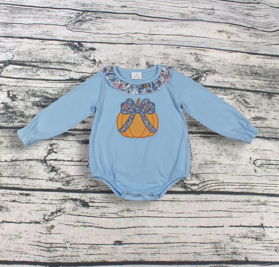 

Wholesale Children Embroidery Pumpkin Floral Bow Romper Girl Toddler Thanksgiving Kids Newborn Coverall Bubble Cotton Bodysuit