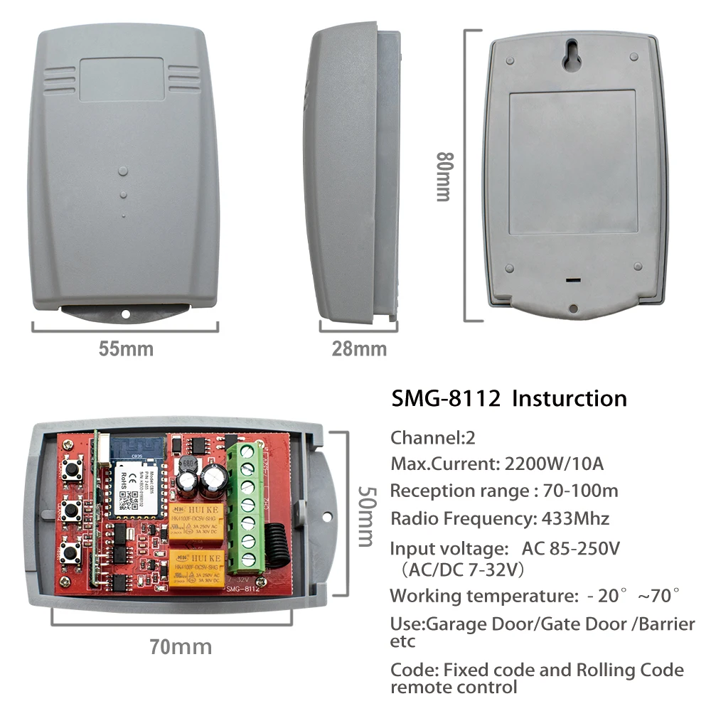 Tuya Wifi 433MHz Garage Door Remote Control Receiver 2 Channel 7-250V Electric Gate Opener Can Work With Alexa Google Home