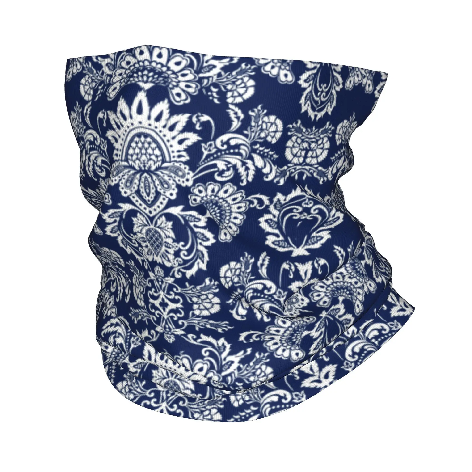 

Custom White and Blue Damask Neck Gaiter Men Women Windproof Winter Bohemian Floral Paisley Style Bandana Scarf for Hiking