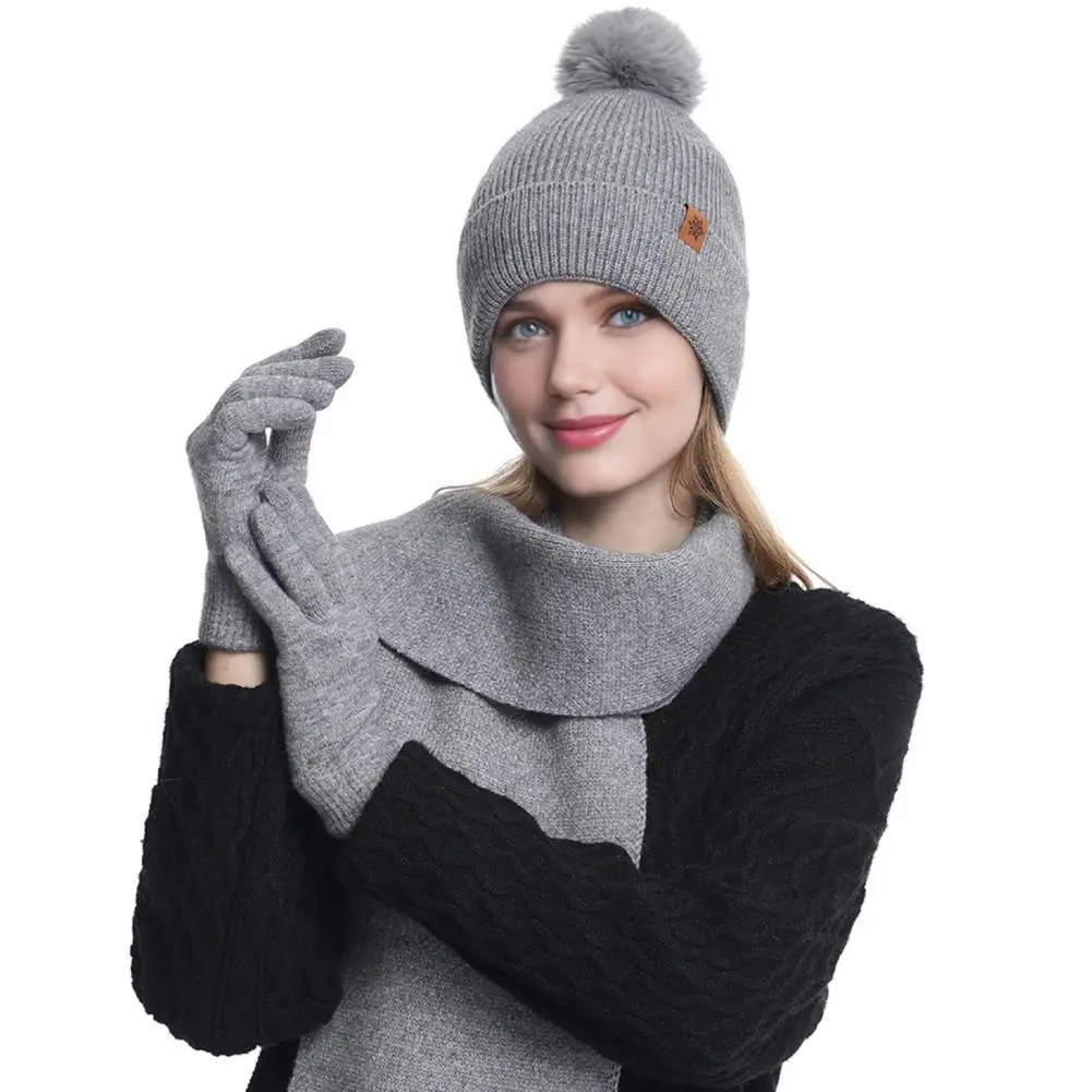 Head Neck Hand Warmth Set 3pcs Women Winter Hat Scarf Gloves Set Double-layer Velvet Plush Ball Protection Touchscreen for Ski
