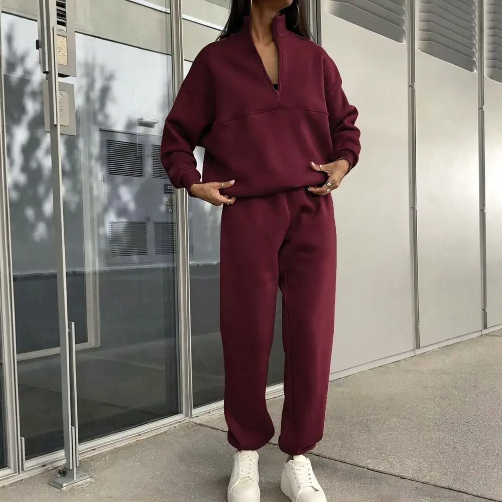 Women Casual Tracksuit Set Half Zip Long Sleeve Sweatshirt Wide Leg Trousers Sport Two Piece Outfit Cozy Active Wear
