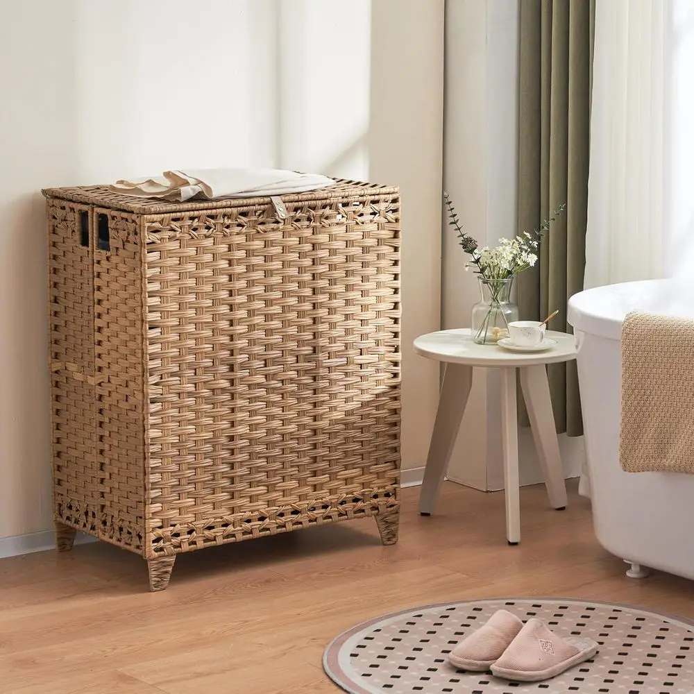 Large 190L 3-Section Rattan Laundry Hamper with Lids, 6 Removable Liners & 3 Mesh Bags, Natural, Easy Assembly
