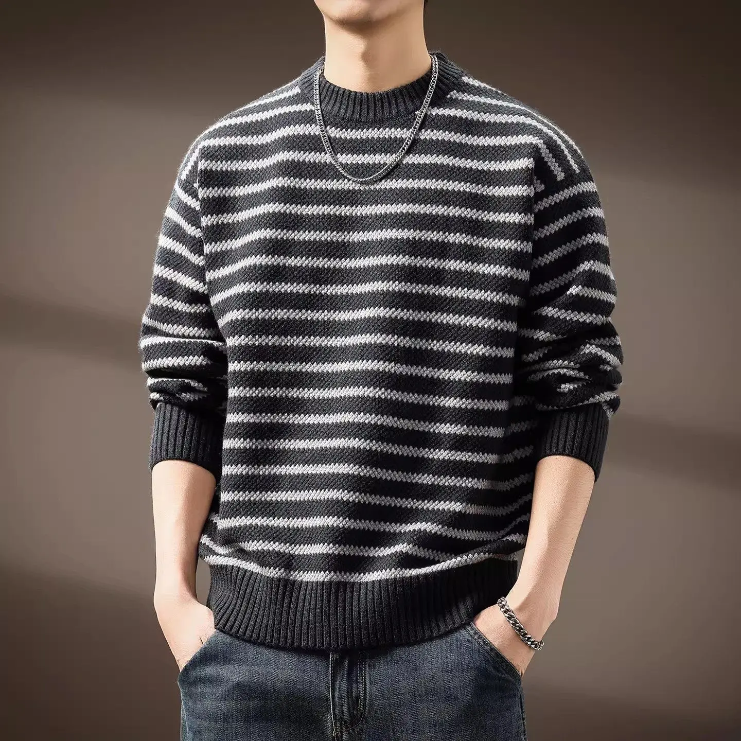 

Мужской свитер свободного кроя с круглым вырезом, в полоску, базовый слой, трикотаж, осень-зима, новинка, модный повседневный стиль, полиэстер
