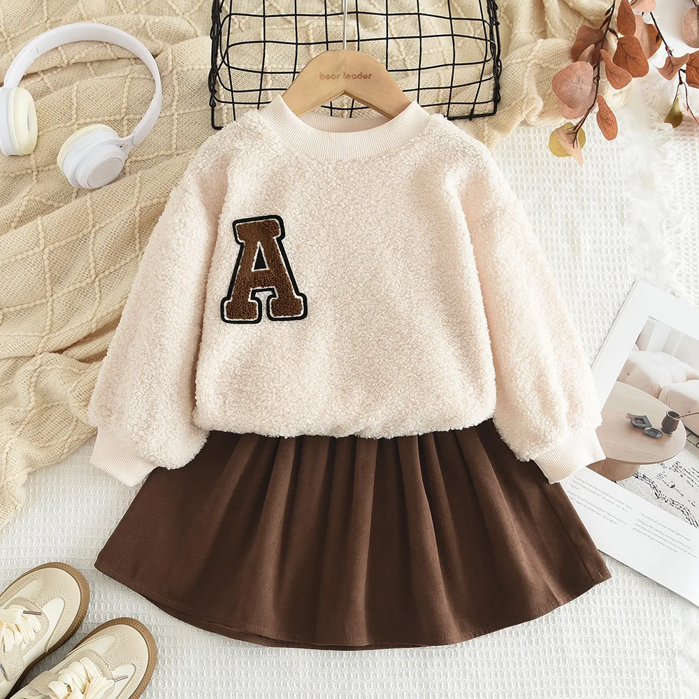 2024 Clothing Set Girls Long Sleeve O Neck Letter Sweater Brown Skirts 2 Pcs Sets Casual Girls Clothes Set 2-7T