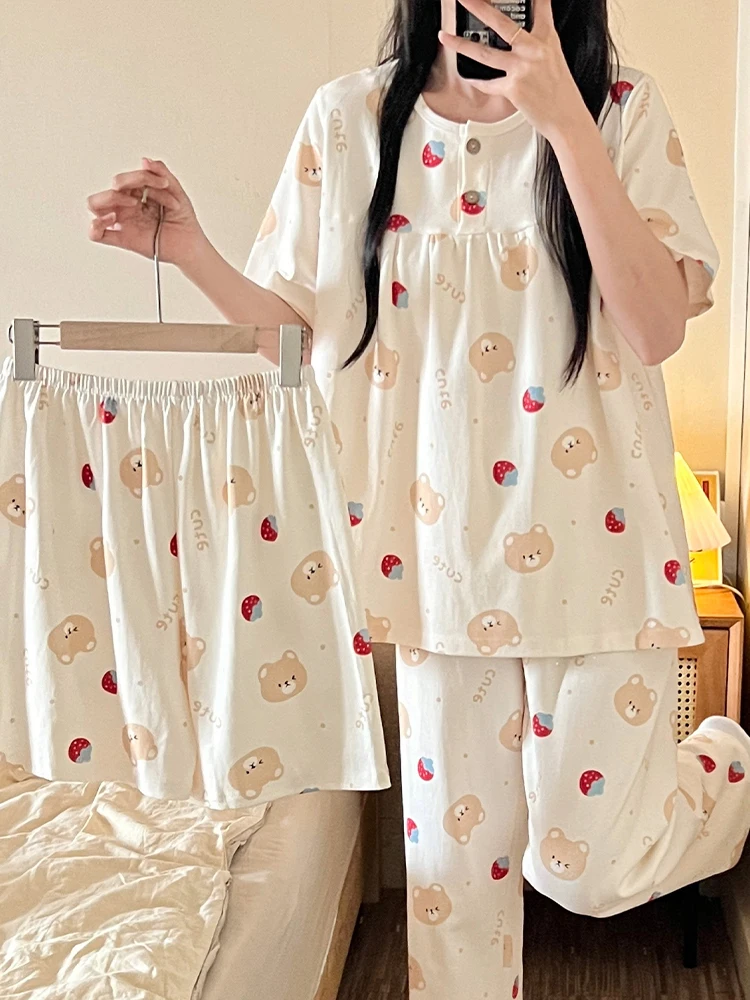 

Summer Pure Cotton Spwear Set Women's ort Sve Long Pants Sweet Student Hooded Home Clothes Tee-Piece Set Comfortable